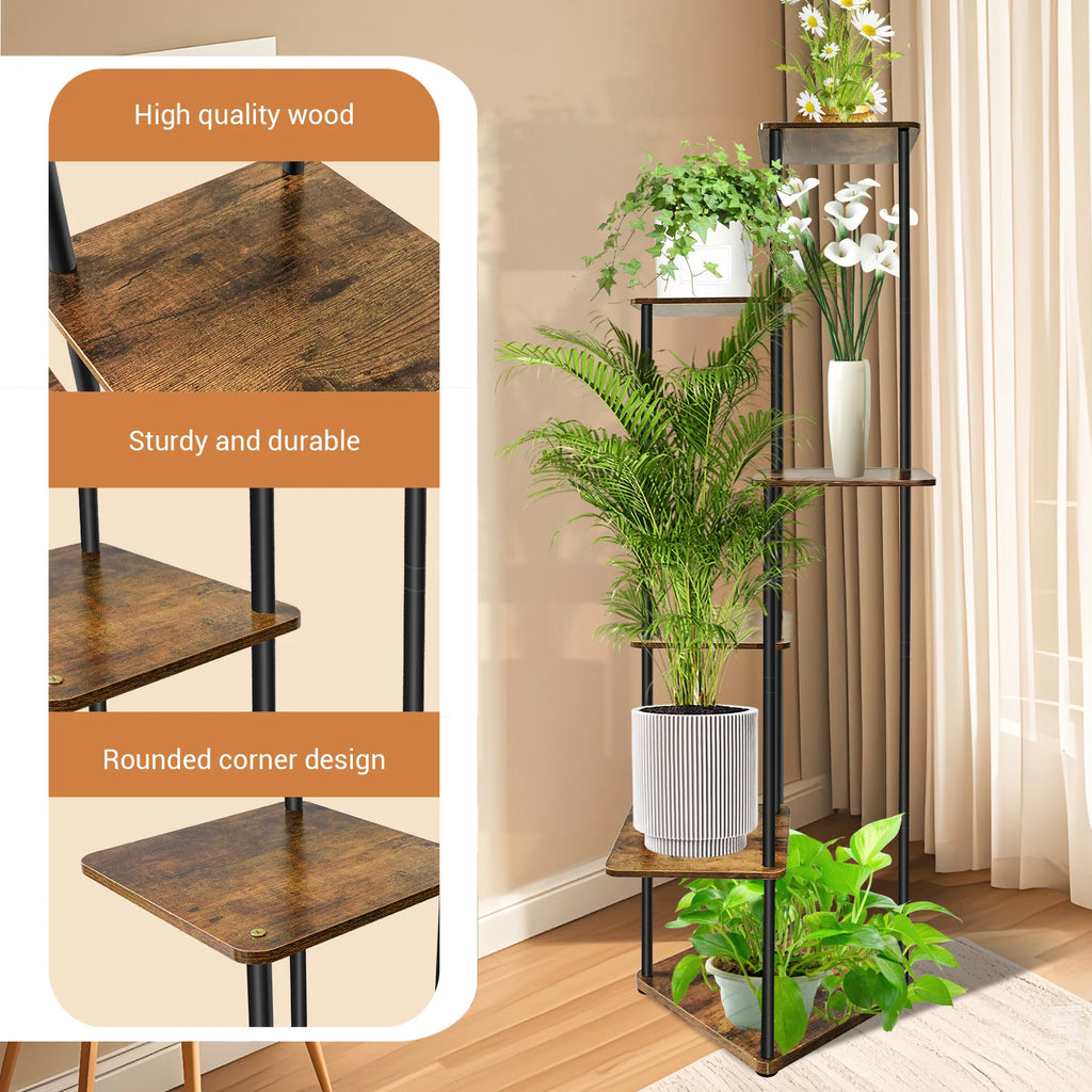 Étagère à plantes en bois à 6 niveaux, grand format Nesty, étagère garnie de plantes vertes et fleurs blanches, zoom sur la qualité du bois et les coins arrondis