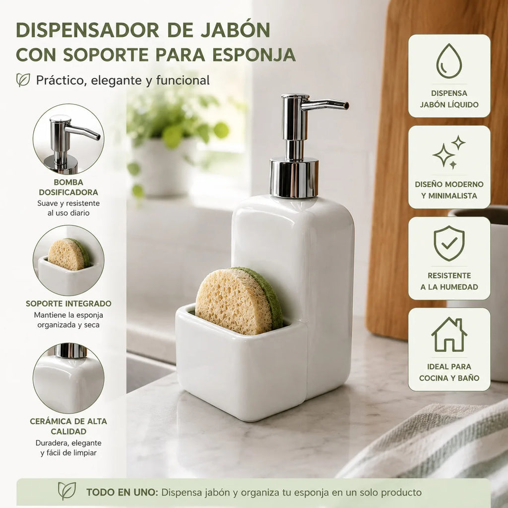 Distributeur de savon en céramique blanche avec porte-éponge intégré - Nesty (vue 3)