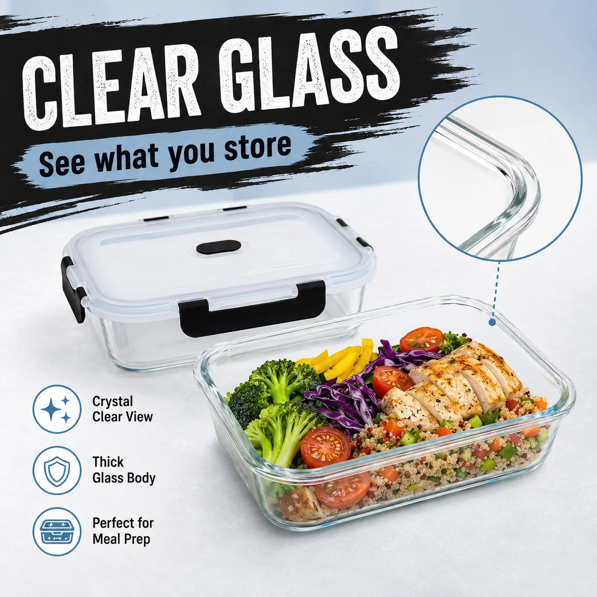 Set de 4 bols en verre avec couvercles hermétiques noirs Nesty, texte "Clear Glass, See what you store", boîte en verre avec couvercle noir ouvert et repas de poulet, brocoli et légumes à l'intérieur