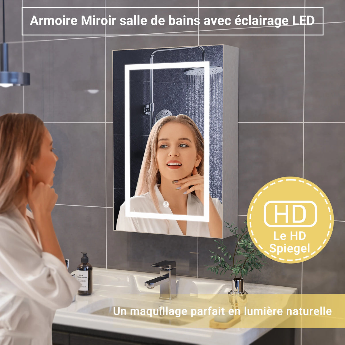 Armoire miroir de salle de bain avec éclairage LED et étagères (vue 5) - Nesty