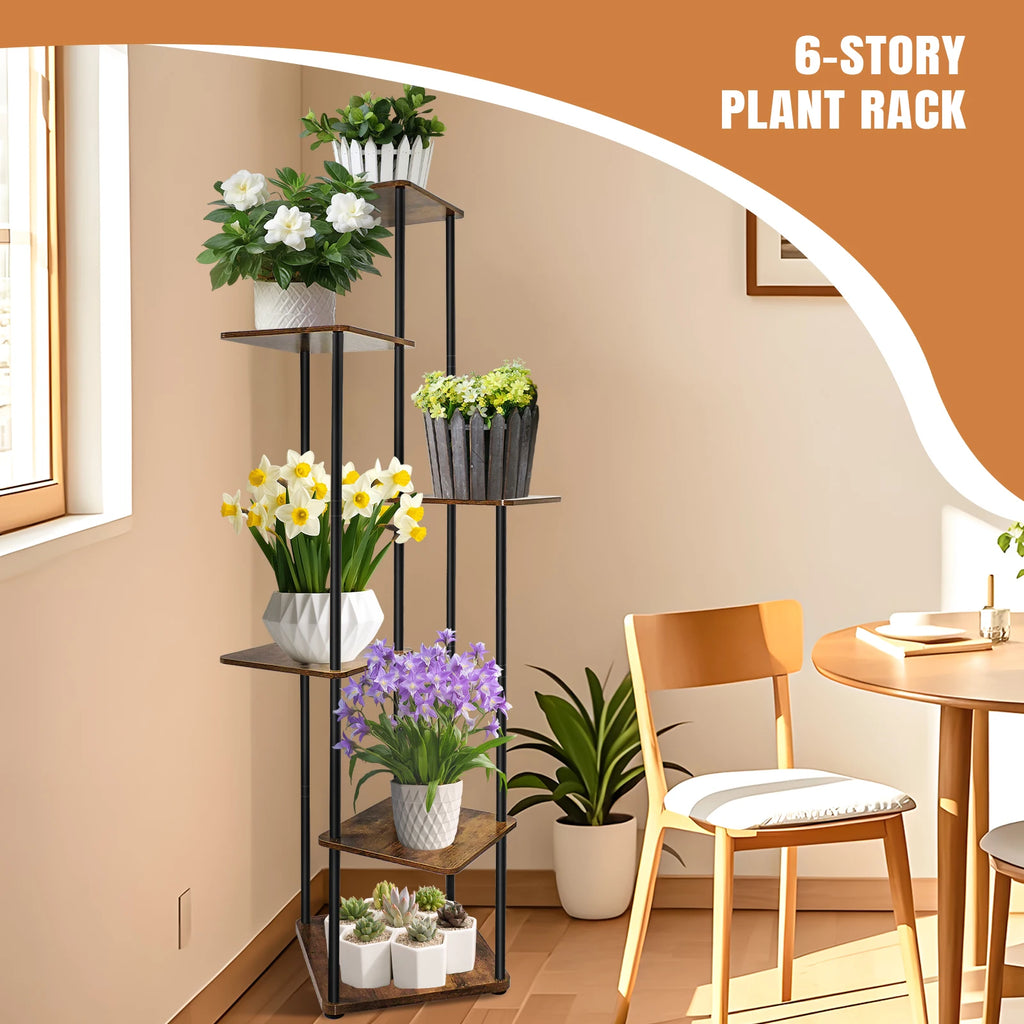 Étagère à plantes en bois à 6 niveaux, grand format Nesty, étagère à niveaux échelonnés en angle garnie de fleurs et plantes variées, près d'une table à manger