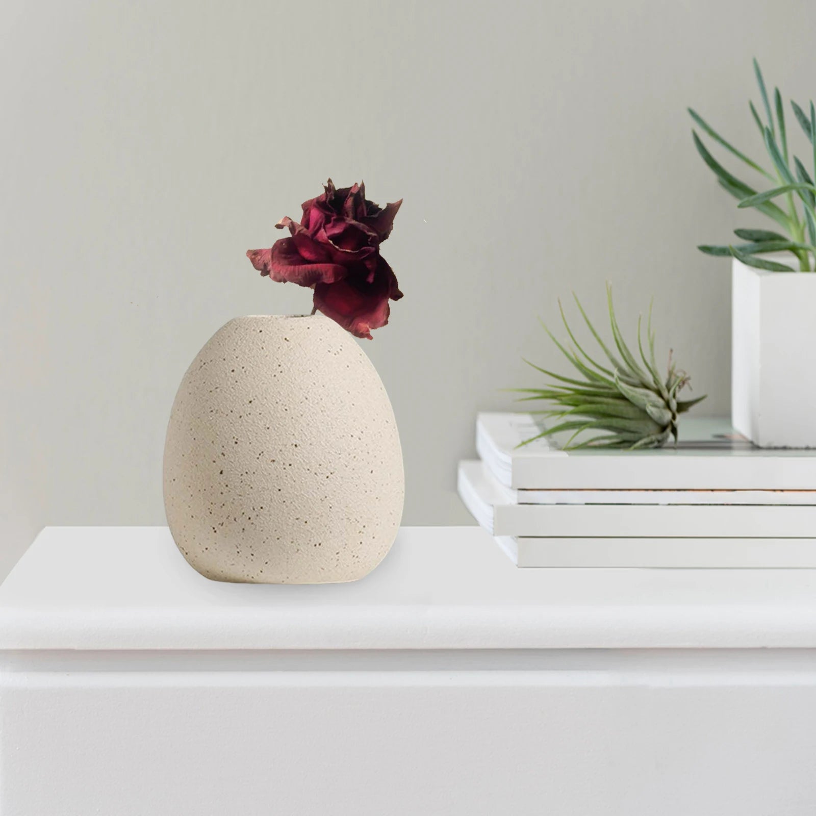 Vase en céramique bohème Nesty - Forme ovoïde beige avec rose séchée bordeaux, près de plantes et livres