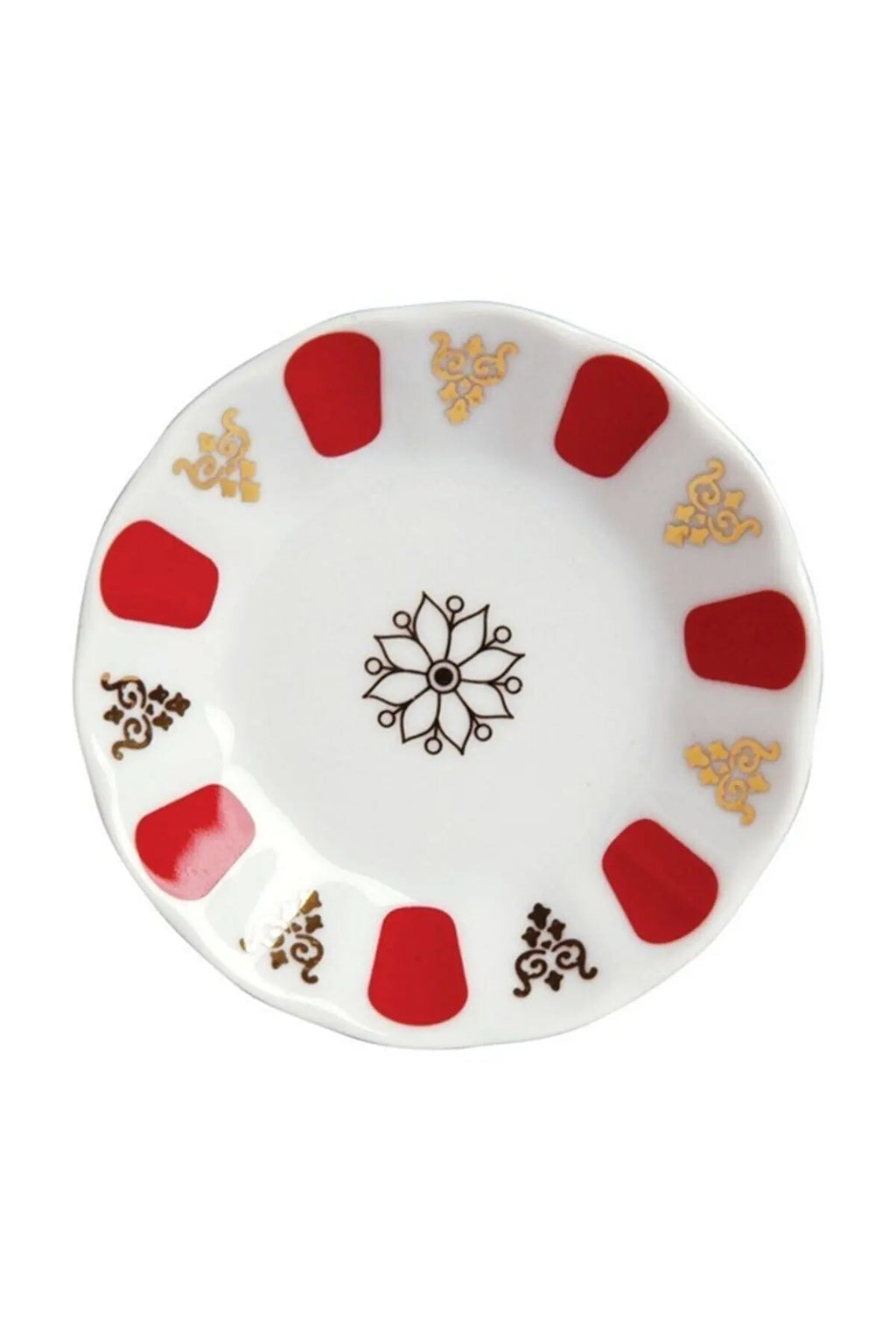 Soucoupe en mélamine blanche à motif rouge et doré traditionnel turc, vue de dessus - Nesty