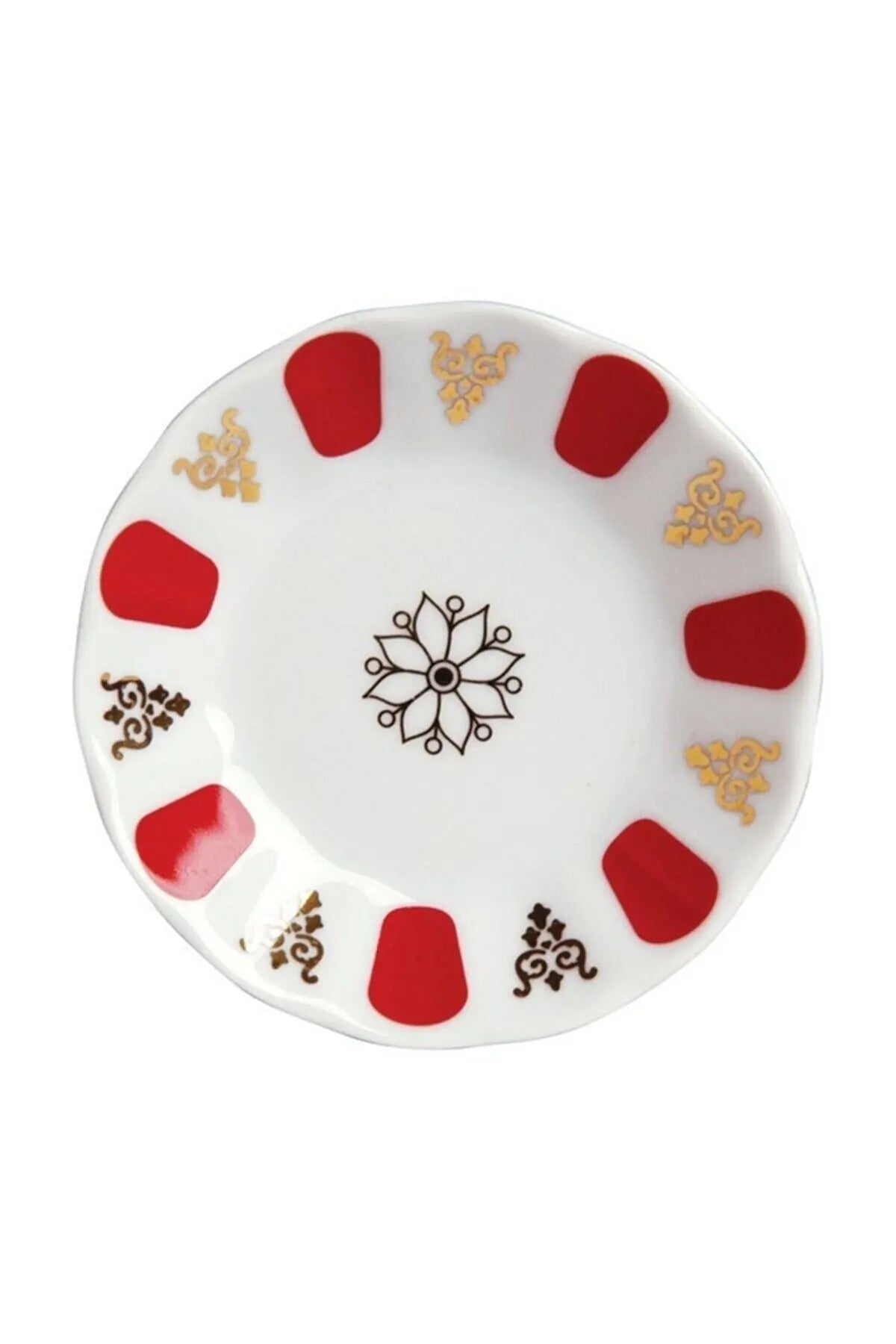 Soucoupe en mélamine blanche à motif rouge et doré traditionnel turc, vue de dessus - Nesty