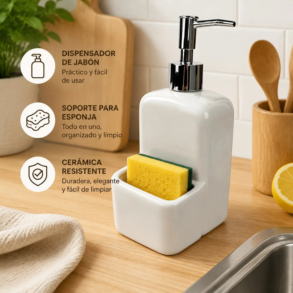 Distributeur de savon en céramique blanche avec porte-éponge intégré - Nesty (vue 5)