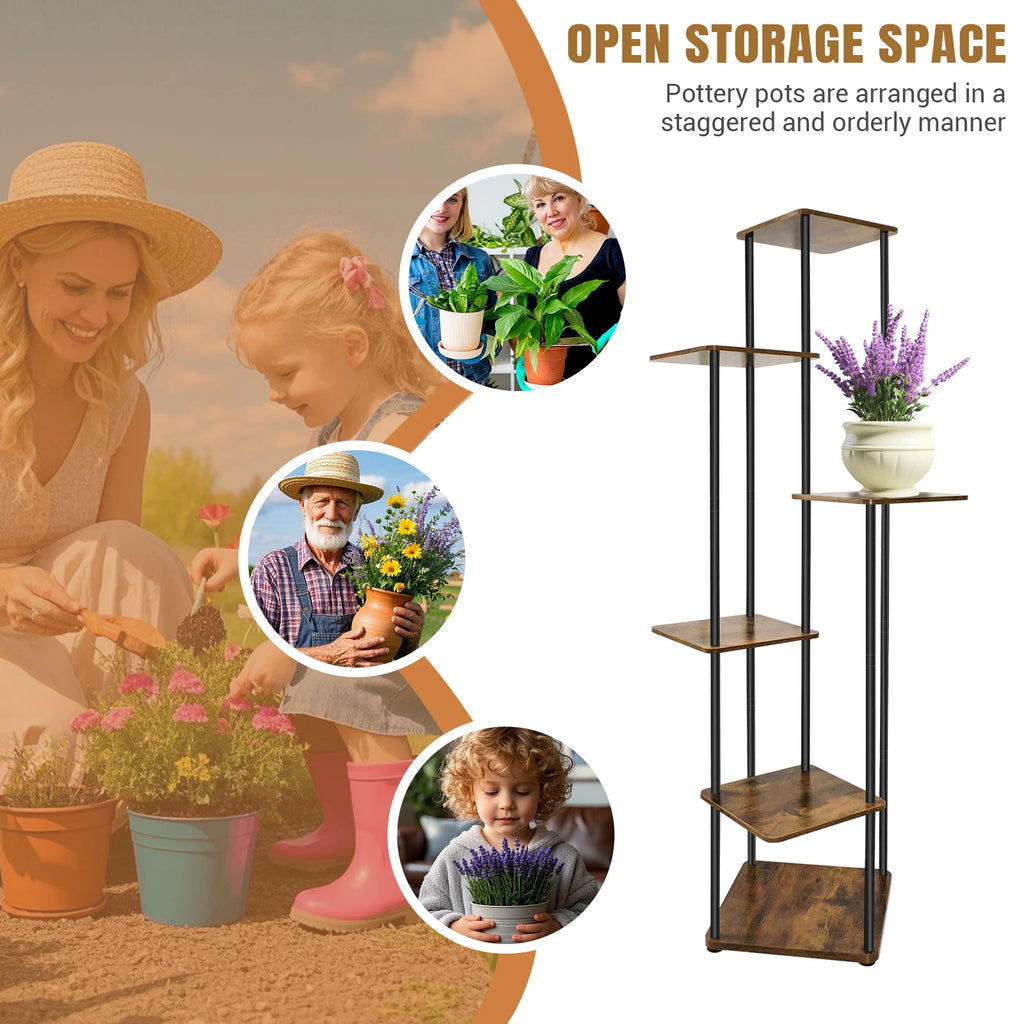 Étagère à plantes en bois à 6 niveaux, grand format Nesty, étagère vue de face avec pots vides, entourée de photos de personnes tenant des pots de fleurs