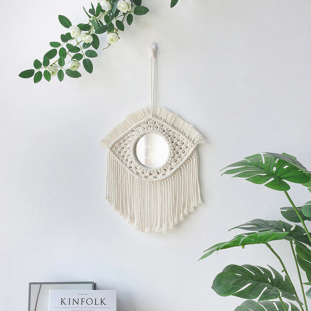 Miroir mural rond macramé blanc, 25 cm, décoration bohème (vue 6) - Nesty
