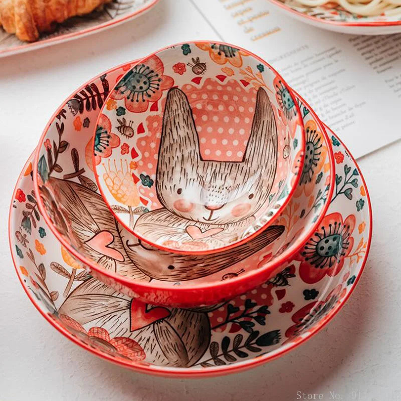 Bol en céramique peint à la main, motif lapin Nesty, trois bols empilés à motif de lapin et de fleurs sur fond rouge et blanc