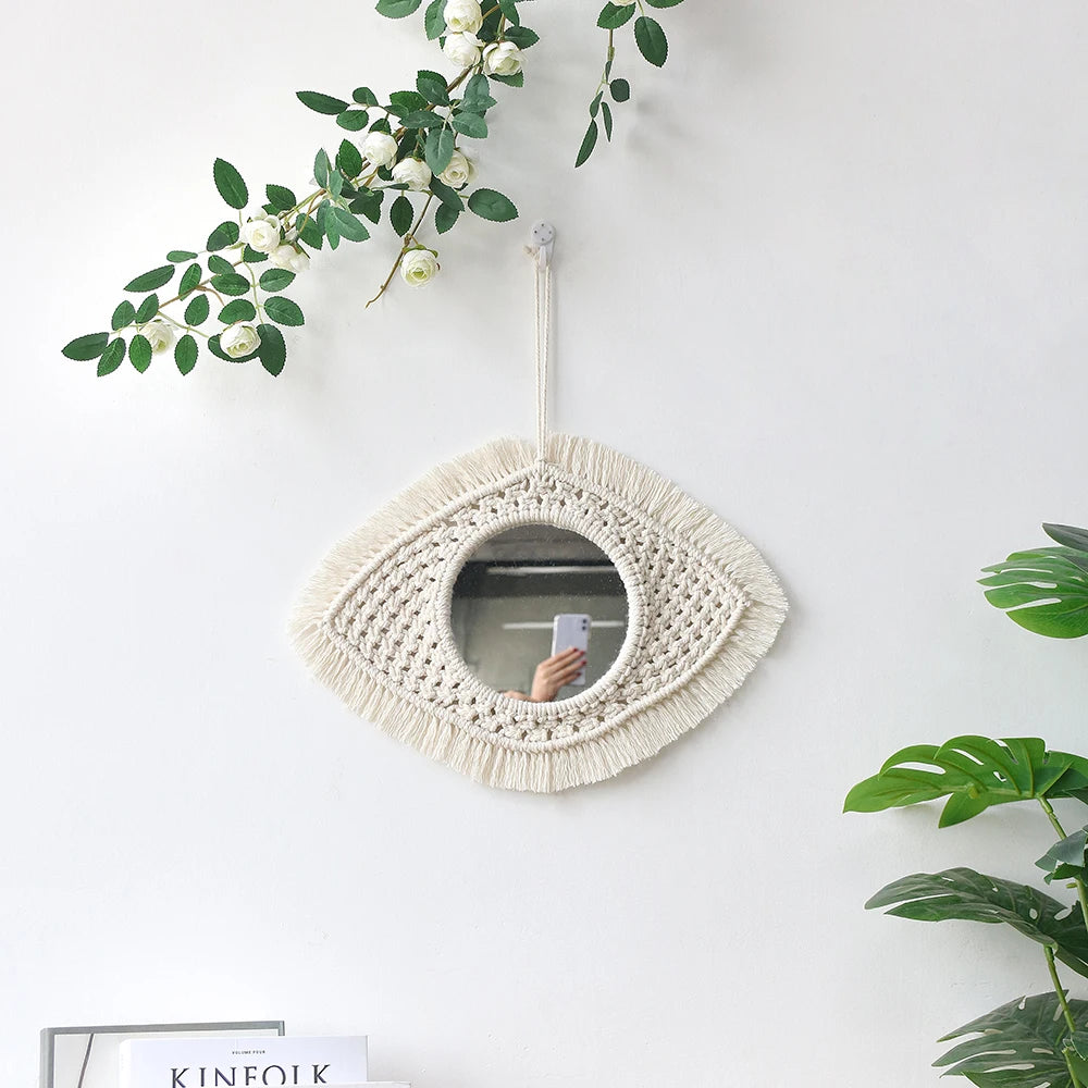 Miroir mural rond macramé blanc, 25 cm, décoration bohème (vue 7) - Nesty
