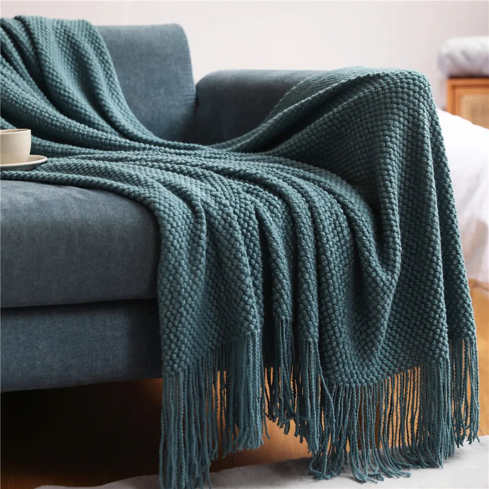 Plaid en maille chunky à franges Nesty - Tricot épais pour canapé (vue 9)