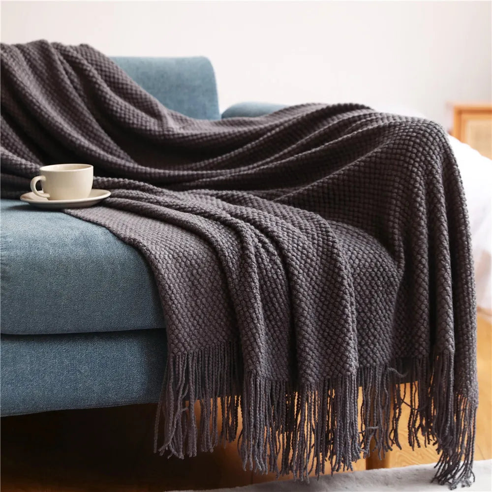 Plaid en maille chunky à franges Nesty - Tricot épais pour canapé (vue 12)