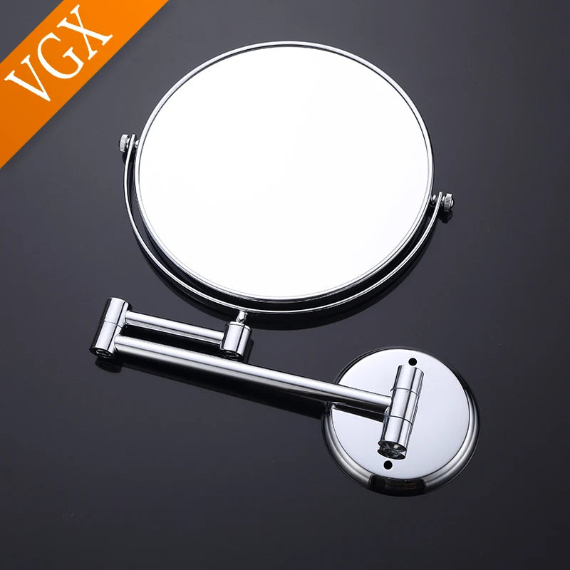 Miroir grossissant x3 double face Nesty - Vue produit sur bras mural chromé, cadre rond (marque VGX)