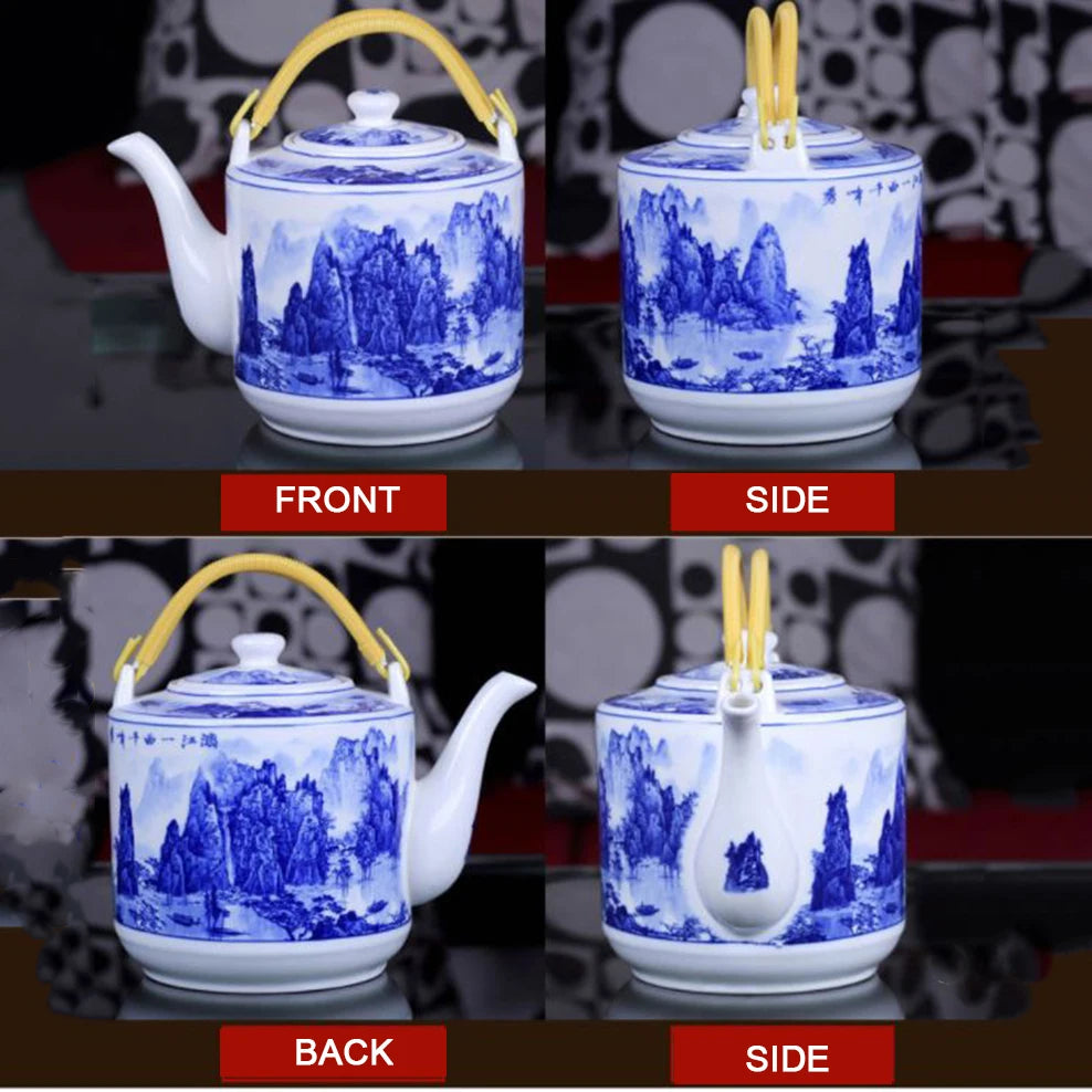 Théière en porcelaine bleu et blanc, grande capacité 2L Nesty, montage de quatre vues (avant, côté, arrière, côté anse repliée), motif paysage montagneux