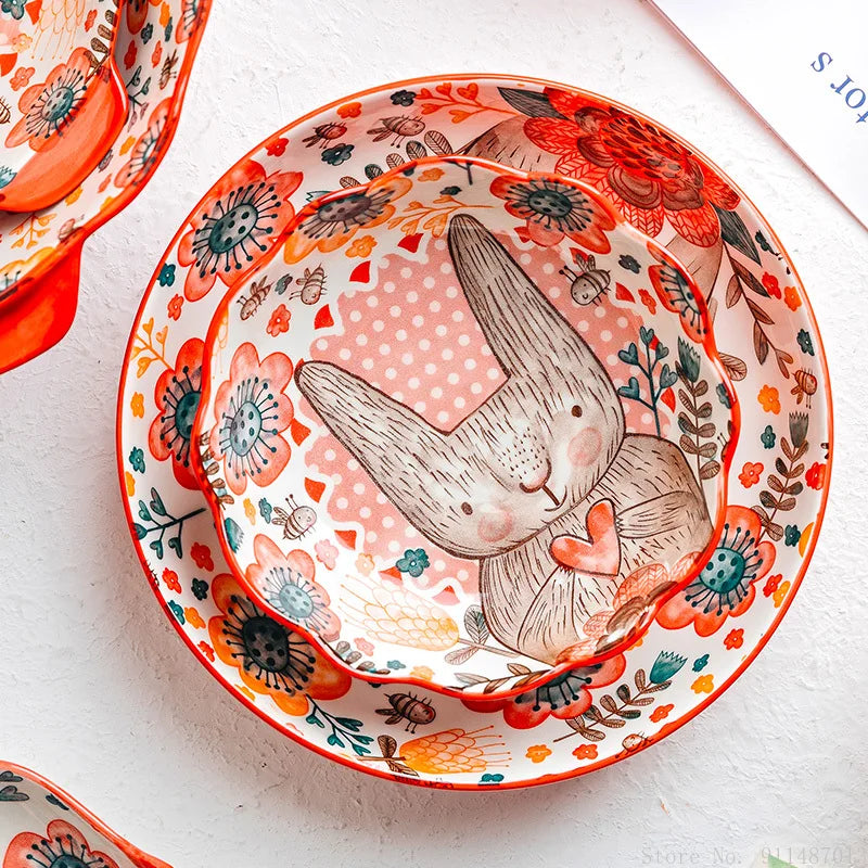 Bol en céramique peint à la main, motif lapin Nesty, assiette ronde à motif lapin et fleurs, vue de dessus