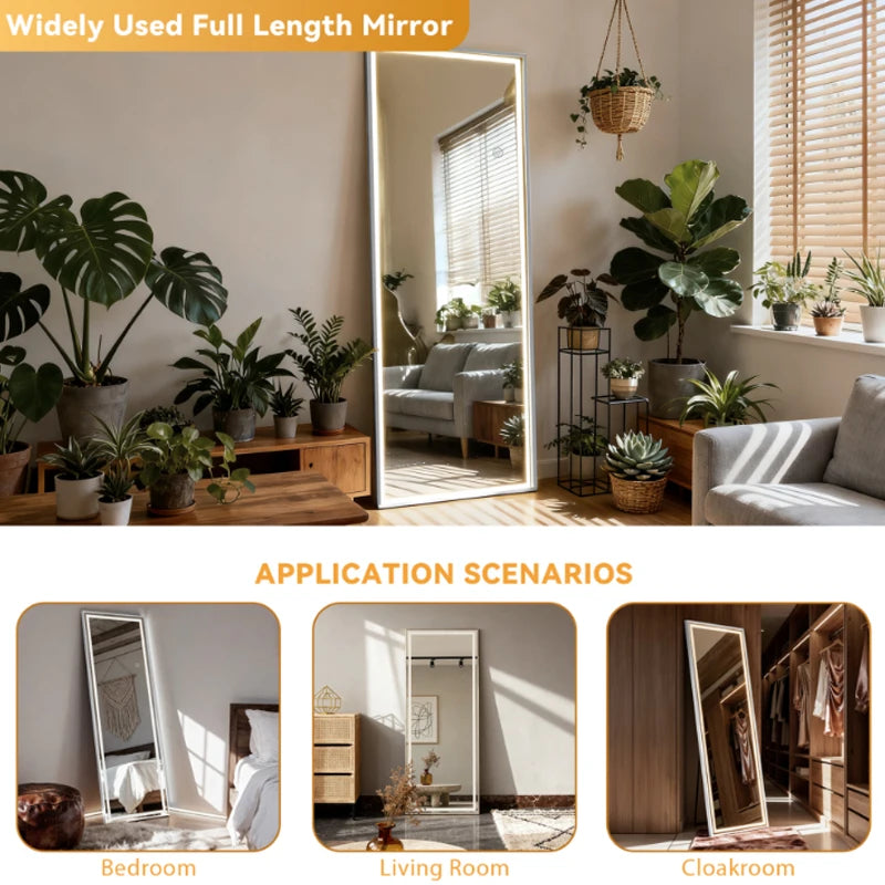 Miroir psyché LED Nesty - Scènes d'usage en chambre, salon et dressing, entouré de plantes vertes