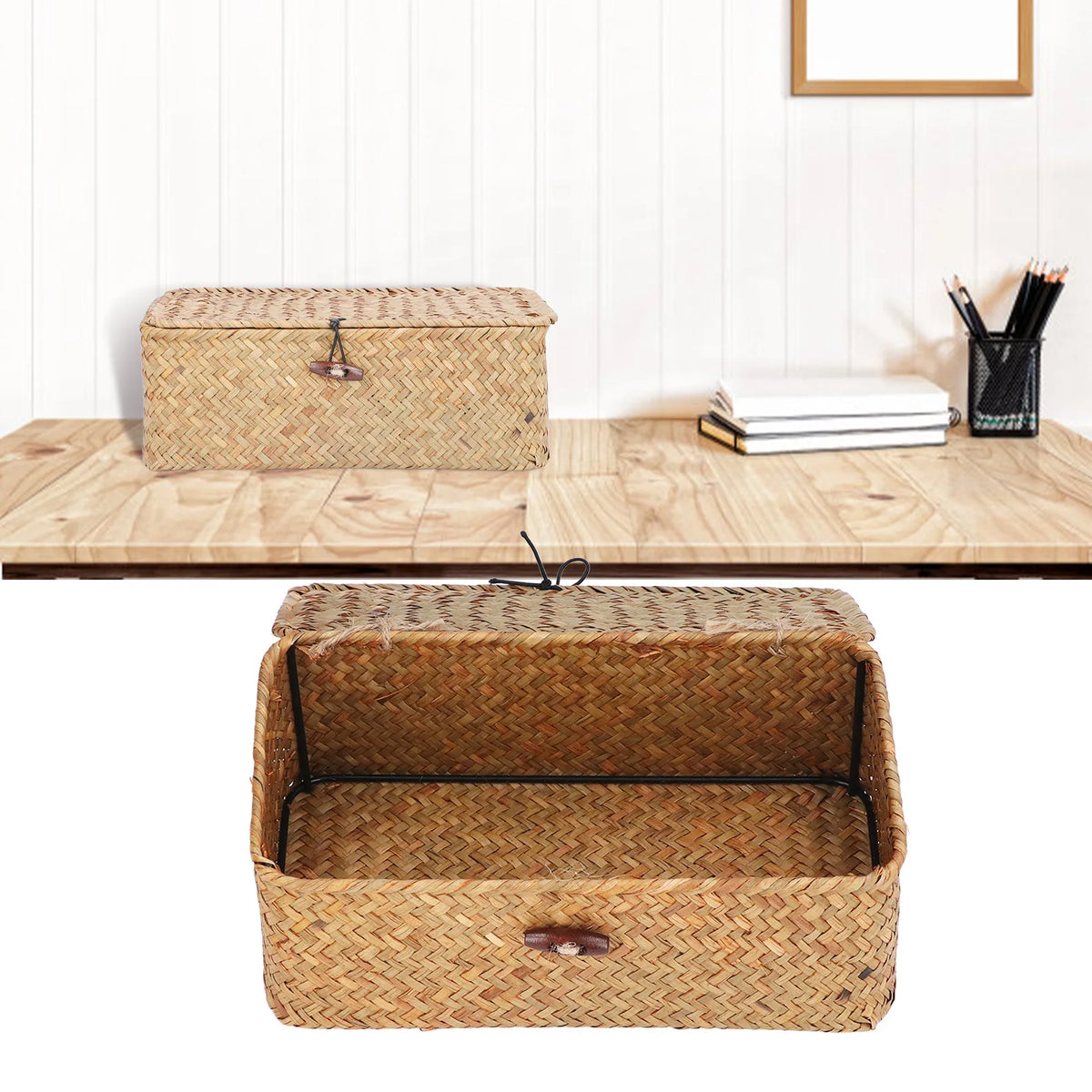 Panier de rangement rectangulaire en jonc de mer tressé avec couvercle Nesty, fermé sur une étagère puis ouvert et vide montrant l'armature intérieure, vue en deux temps