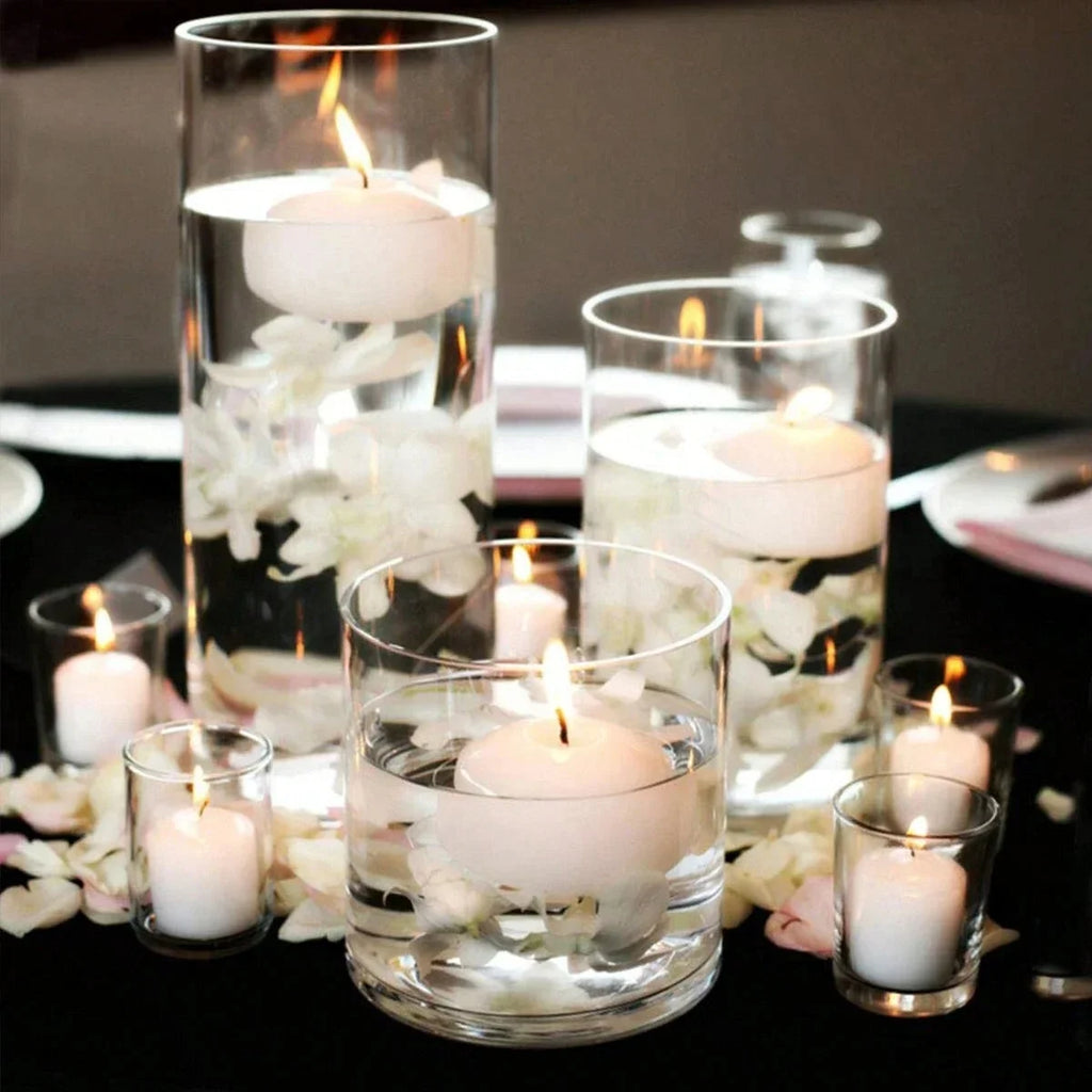 Vase cylindrique en verre transparent Nesty - Centre de table mariage avec bougies flottantes et fleurs blanches immergées