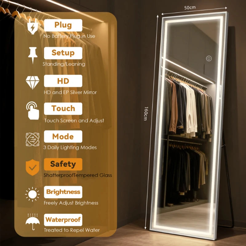Miroir psyché LED 160 x 50 cm — éclairage tactile intégré (vue 5) - Nesty