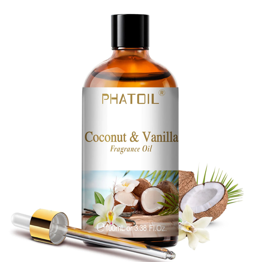 Huile parfumée d'aromathérapie Nesty - Flacon Coco & Vanille PHATOIL avec pipette dorée et noix de coco fraîche