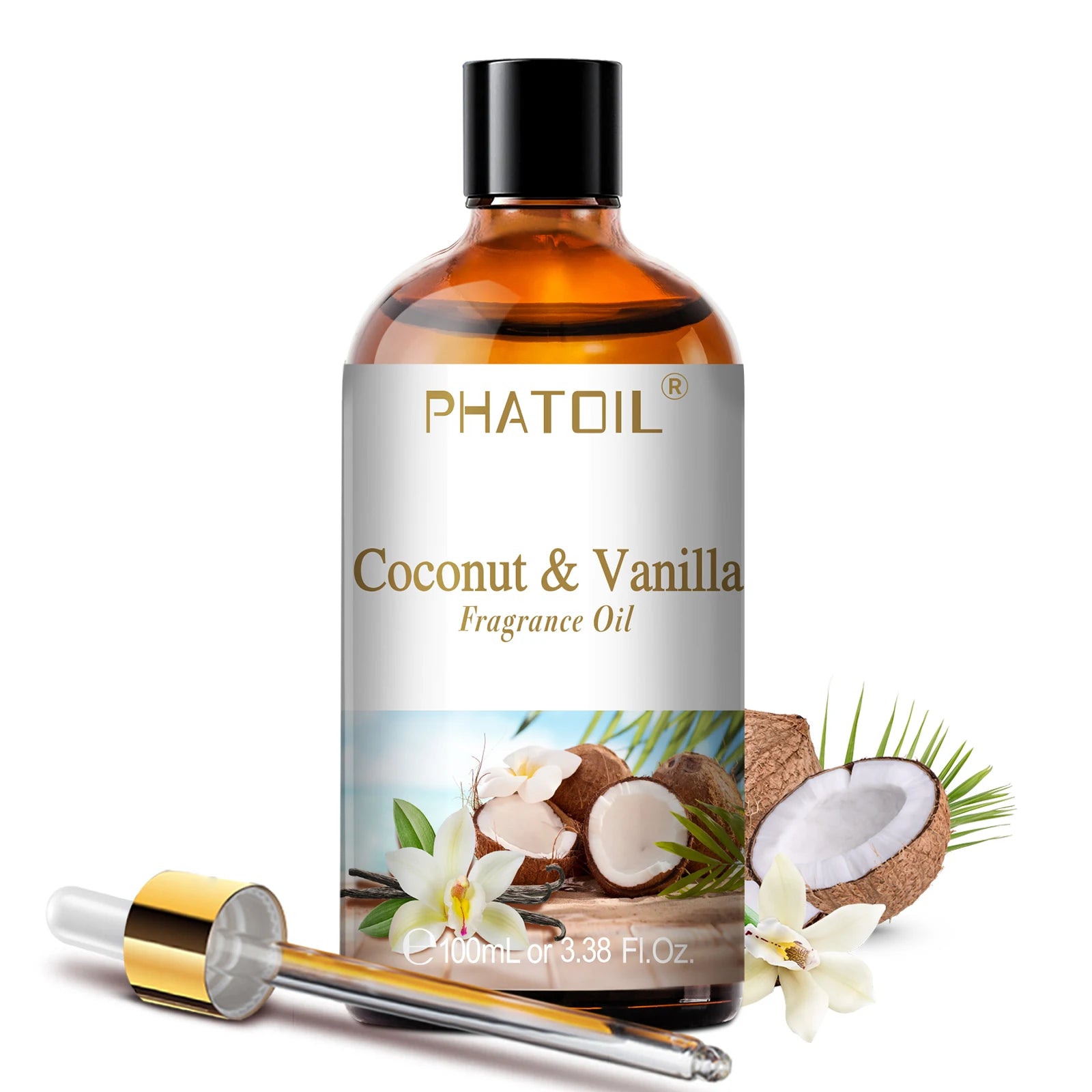 Huile parfumée d'aromathérapie Nesty - Flacon Coco & Vanille PHATOIL avec pipette dorée et noix de coco fraîche