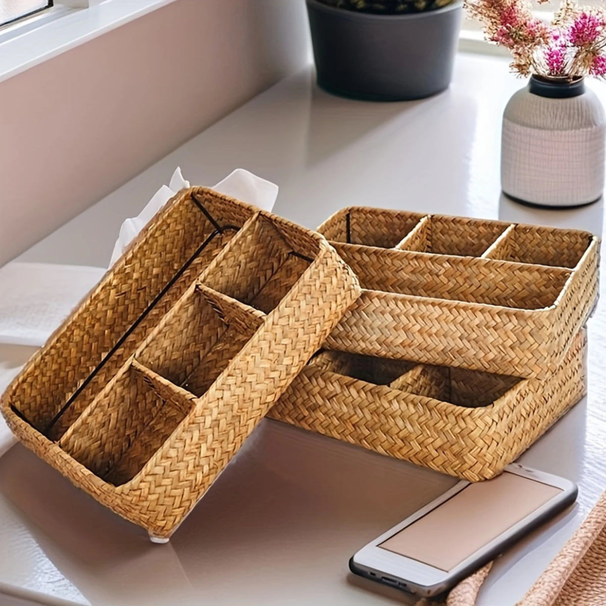Panier de rangement rectangulaire en jonc de mer tressé - Nesty (vue 1)