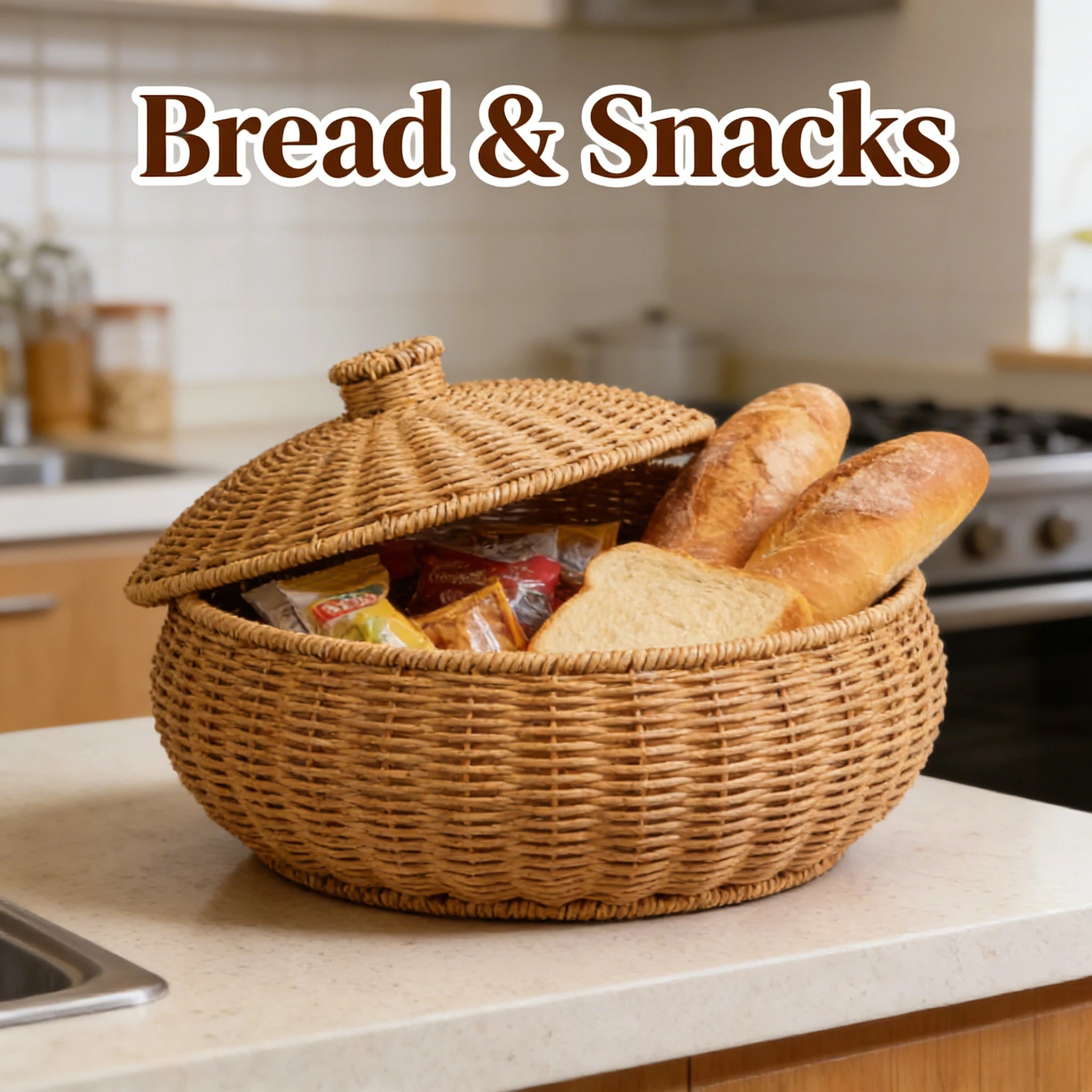 Panier rond tressé effet rotin avec couvercle, pour pain et fruits Nesty, panier garni de baguettes, pain de mie et biscuits sur un plan de cuisine, texte Bread & Snacks