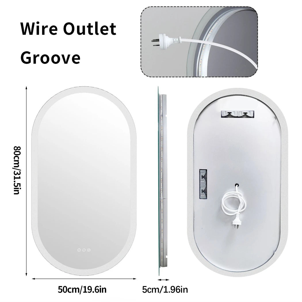 Miroir de salle de bain ovale LED Nesty - Schéma technique 80 x 50 x 5 cm avec passage de câble et bandeau LED