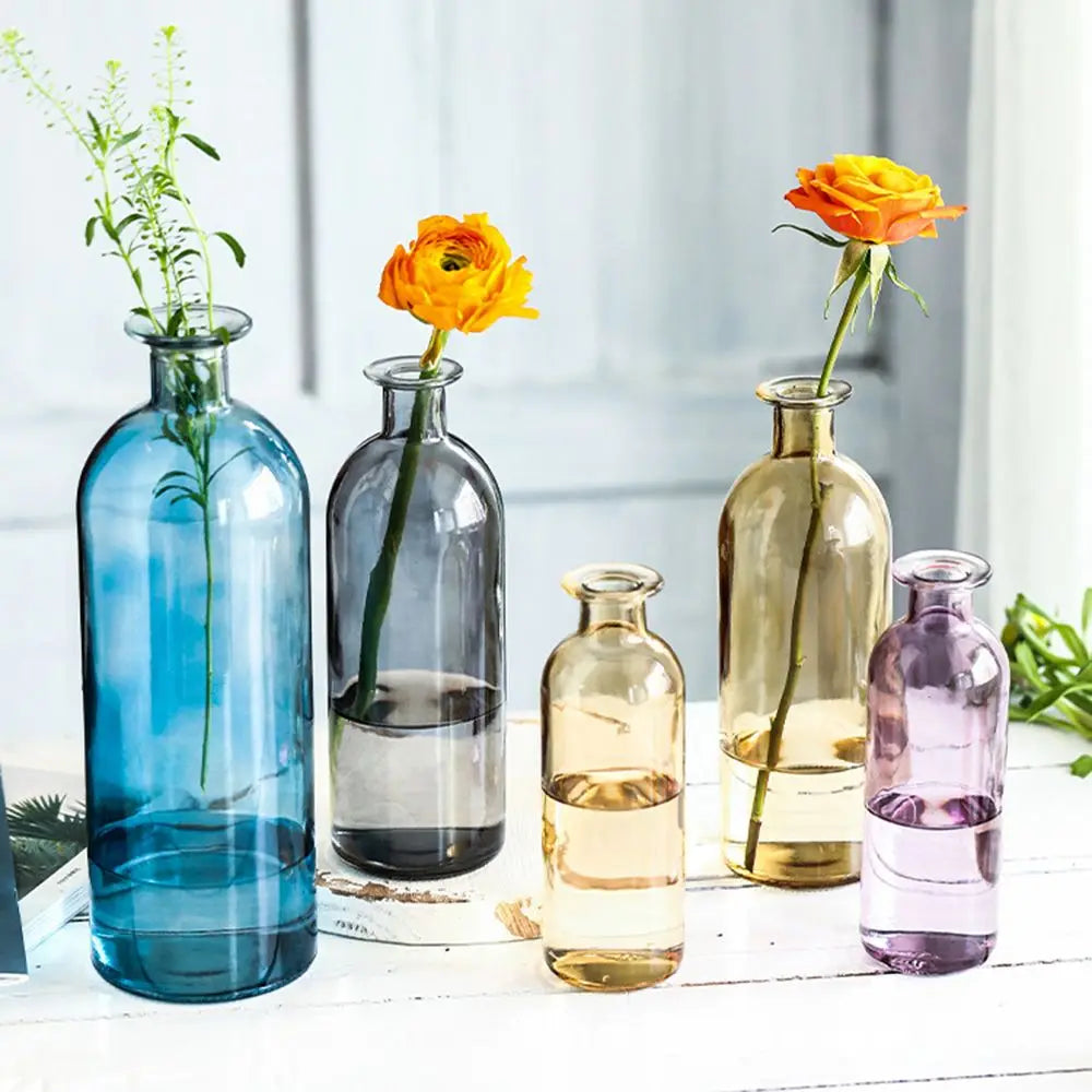 Vase en verre pour bouture hydroponique Nesty - Cinq coloris avec fleurs oranges, sur table en bois blanc