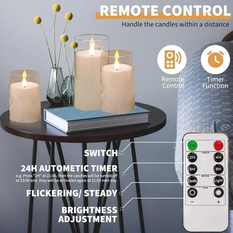 Bougie LED acrylique sans flamme, télécommande et minuterie Nesty, trois bougies LED en cylindre de verre fumé sur table basse avec livre et fleurs séchées jaunes, schéma de la télécommande (marche/arrêt, minuterie 2h/4h/6h/8h, mode bougie/lumière fixe, luminosité)