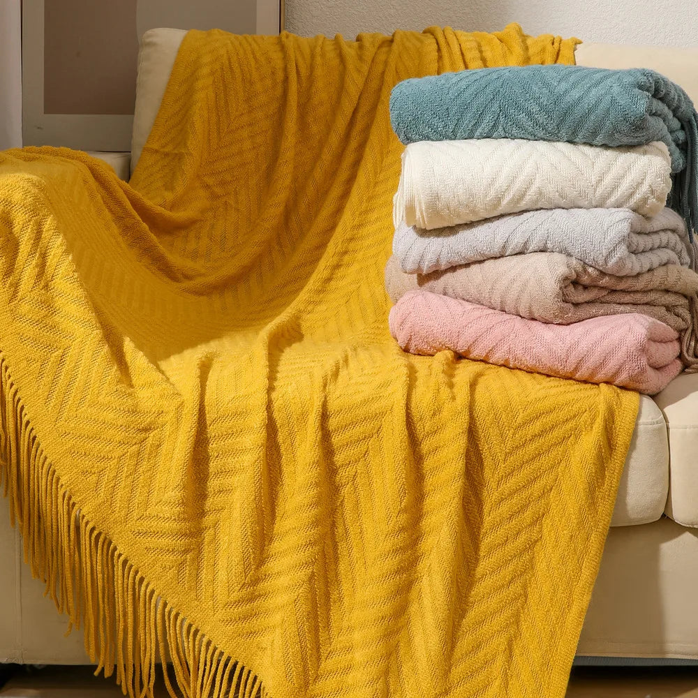 Plaid tricoté torsadé crème à franges, toutes saisons (vue 5) - Nesty