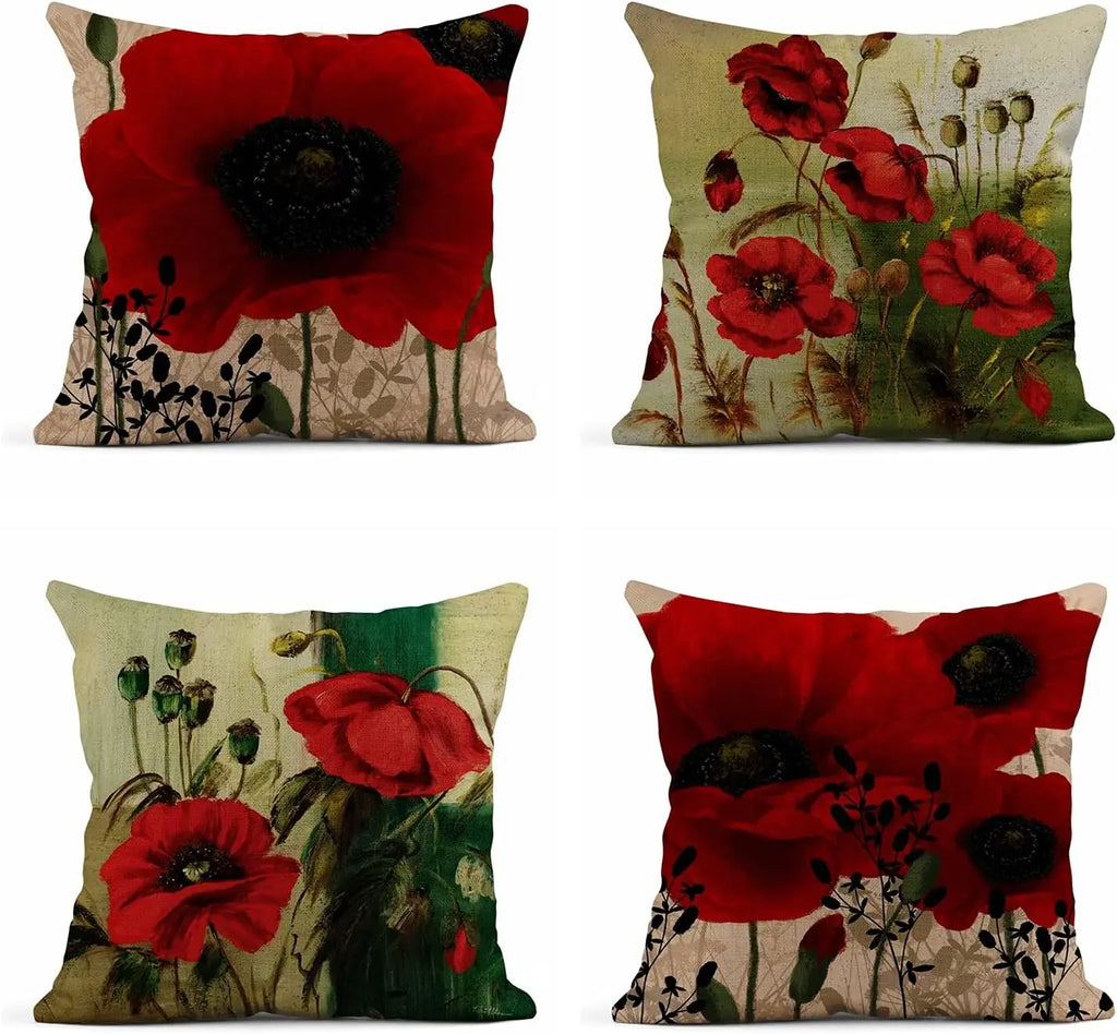 Housse de coussin en lin Nesty - Motif floral rouge, format carré (vue 5)