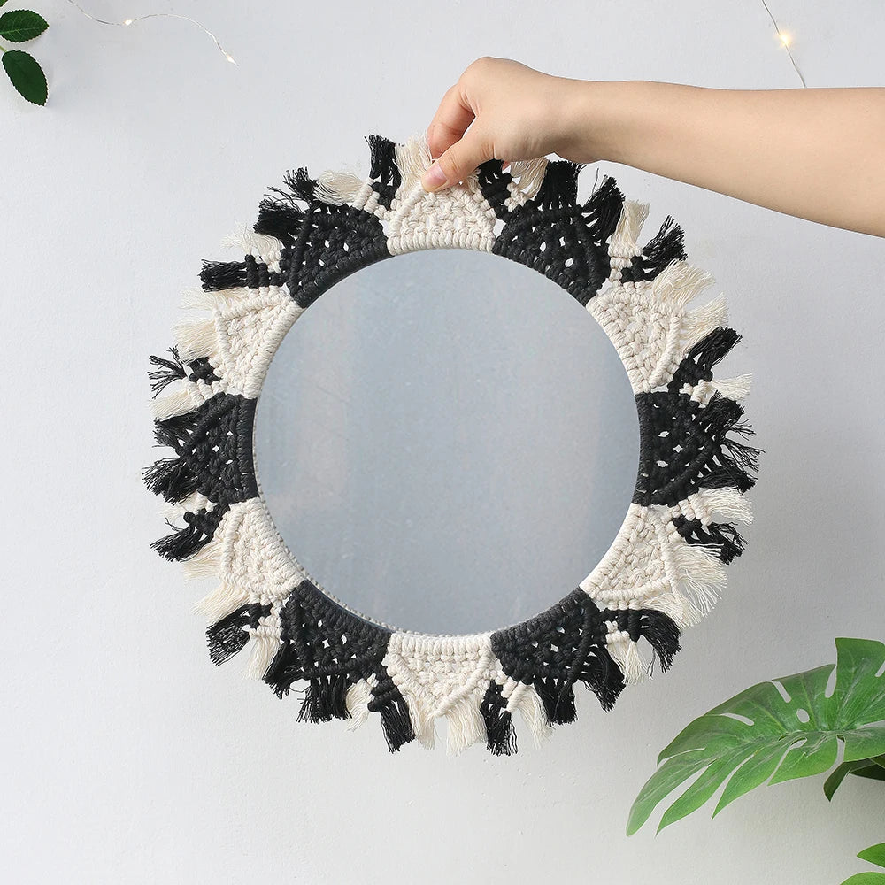 Miroir mural macramé rond, cadre tressé esprit maquillage (vue 7) - Nesty