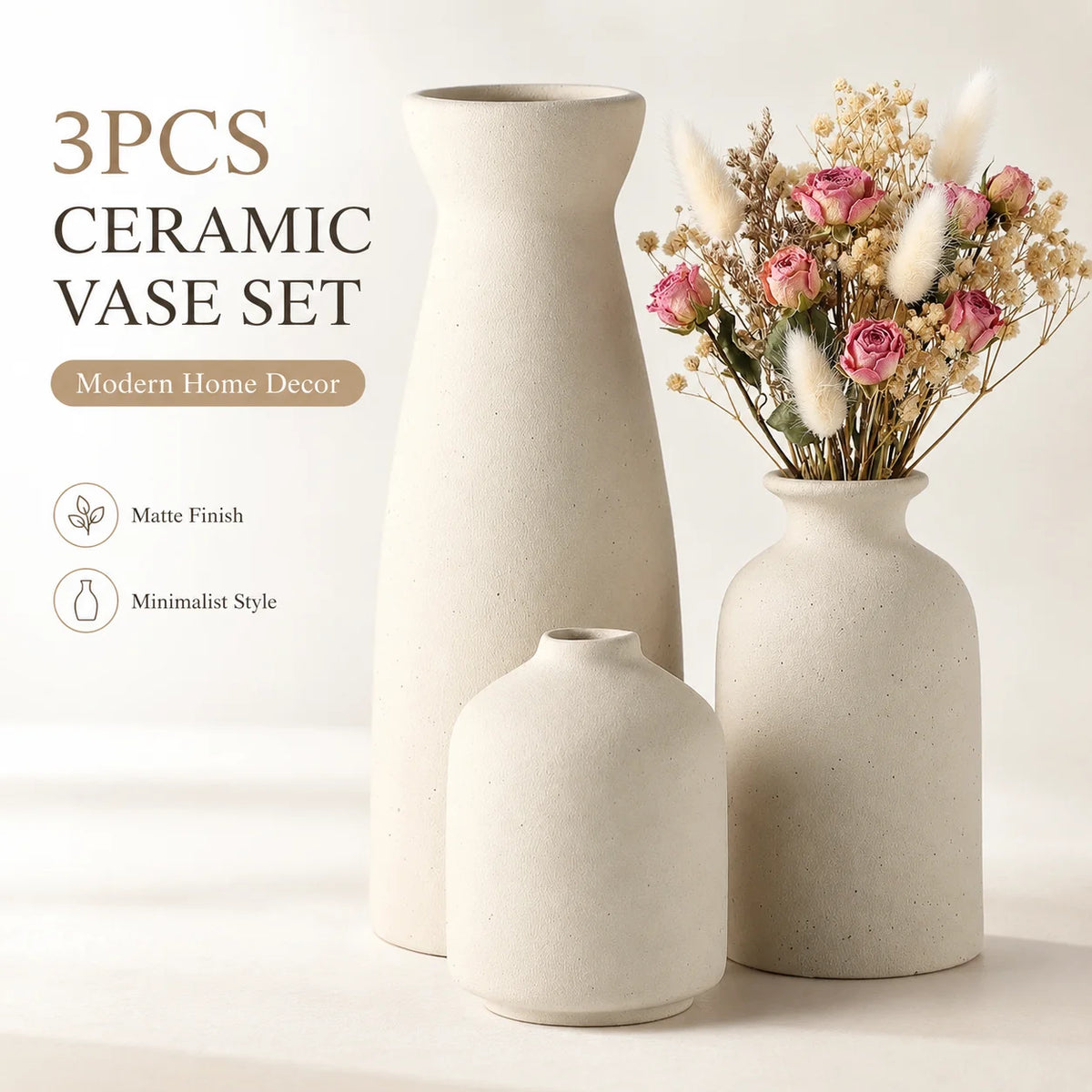 Lot de 3 vases en céramique, style bohème champêtre - Nesty (vue 1)
