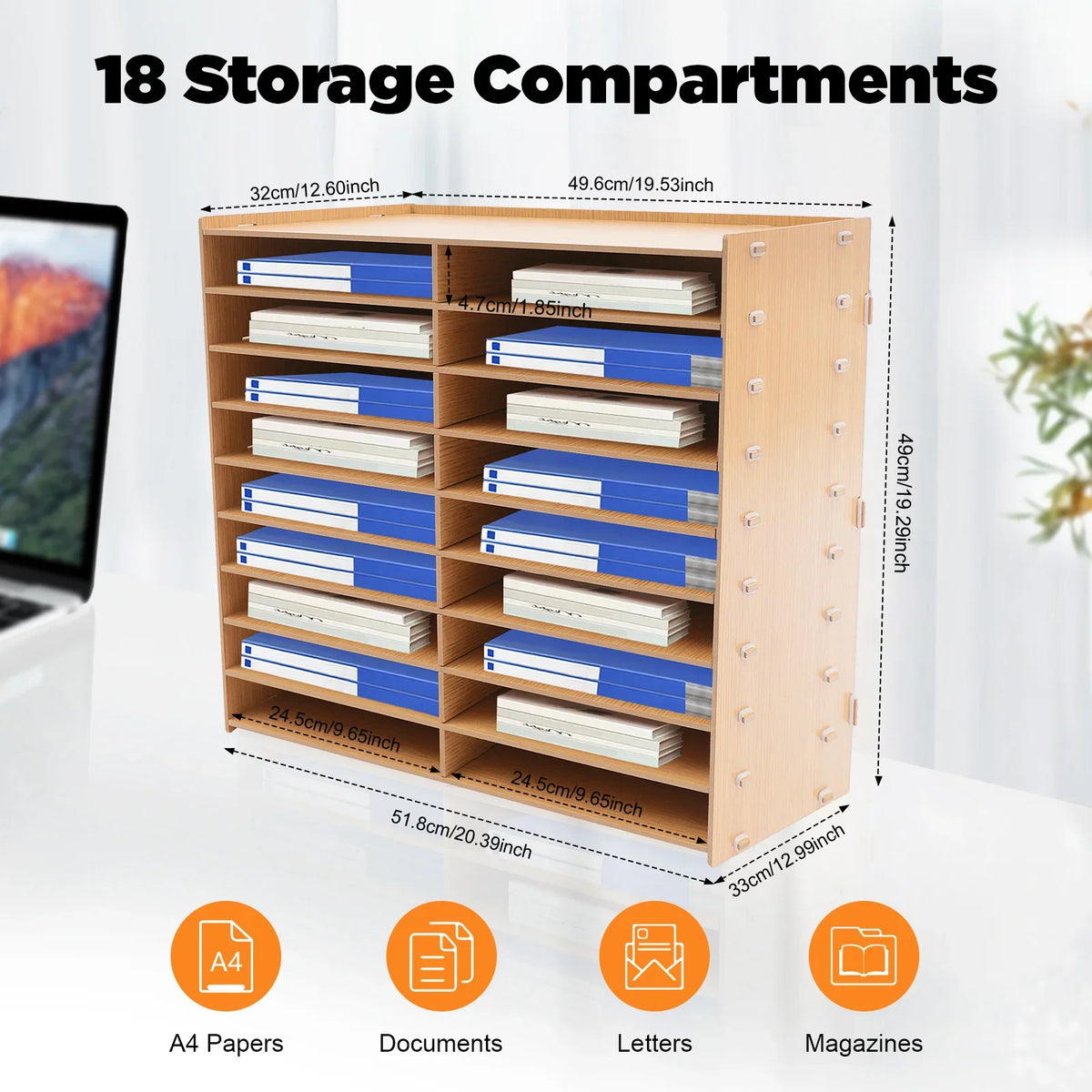 Organiseur de bureau en bois à 9 niveaux et 18 compartiments avec cotes techniques détaillées, sur un bureau - Nesty