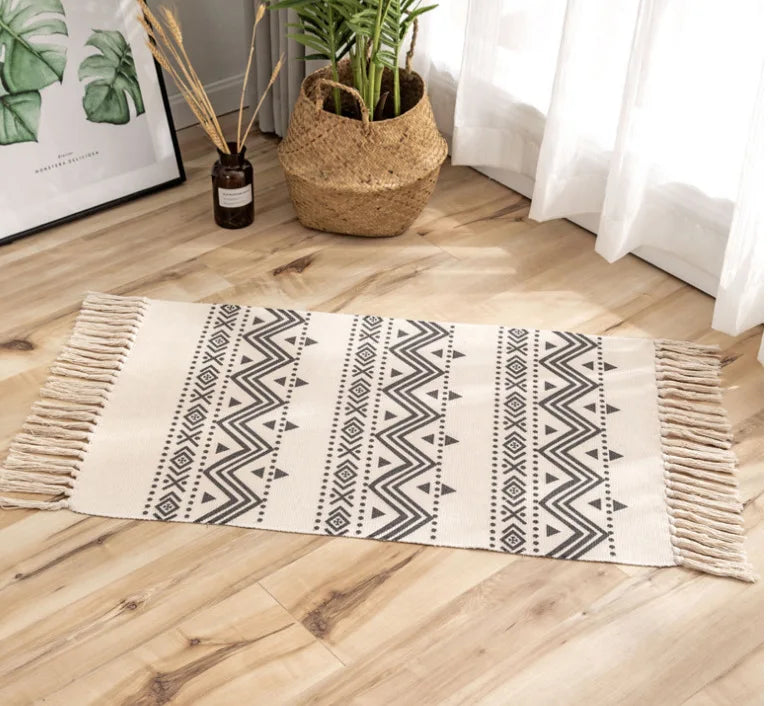 Tapis tissé main en coton et lin Nesty - Franges bohème (vue 12)