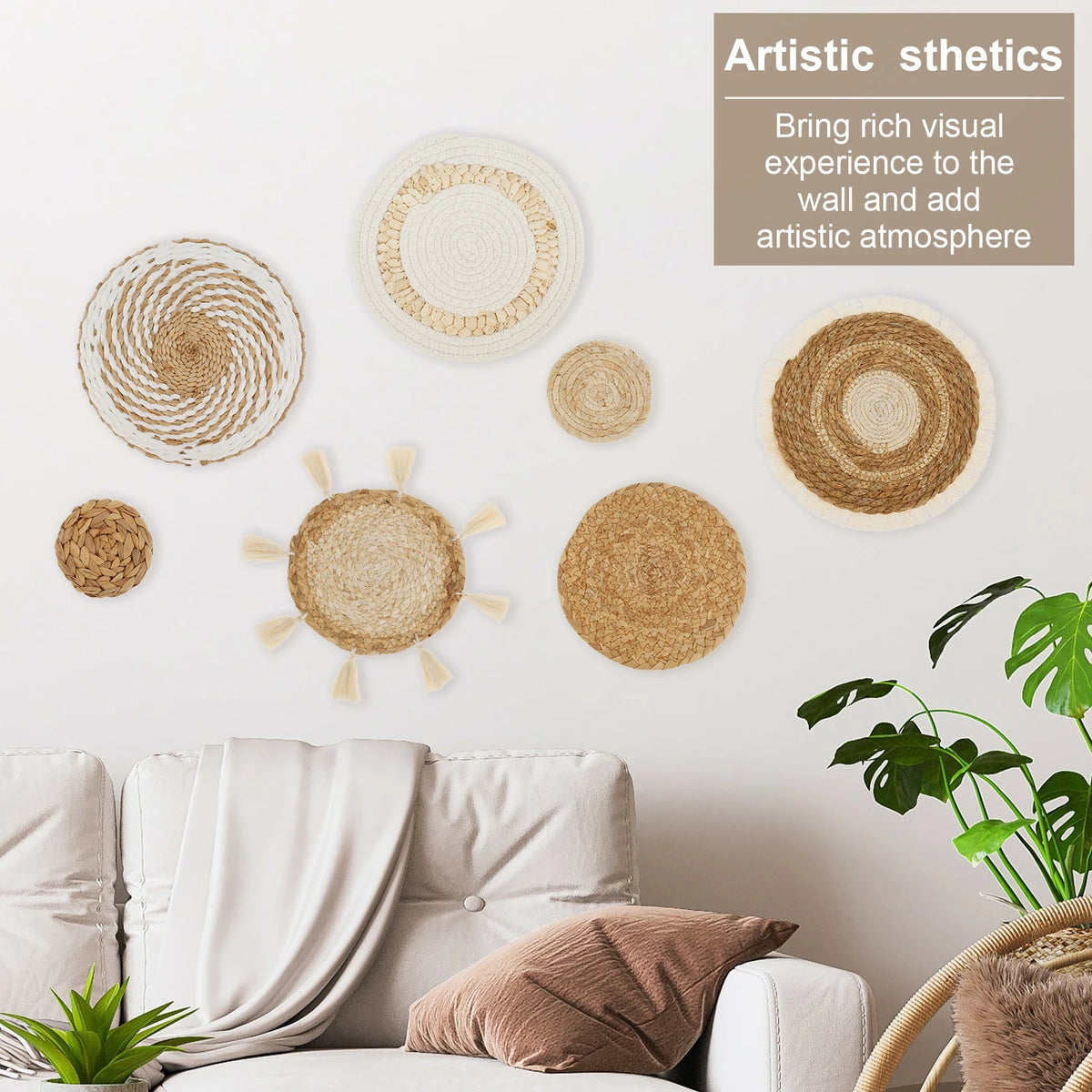 Lot de 7 paniers muraux tressés, décoration murale bohème - Nesty (vue 4)