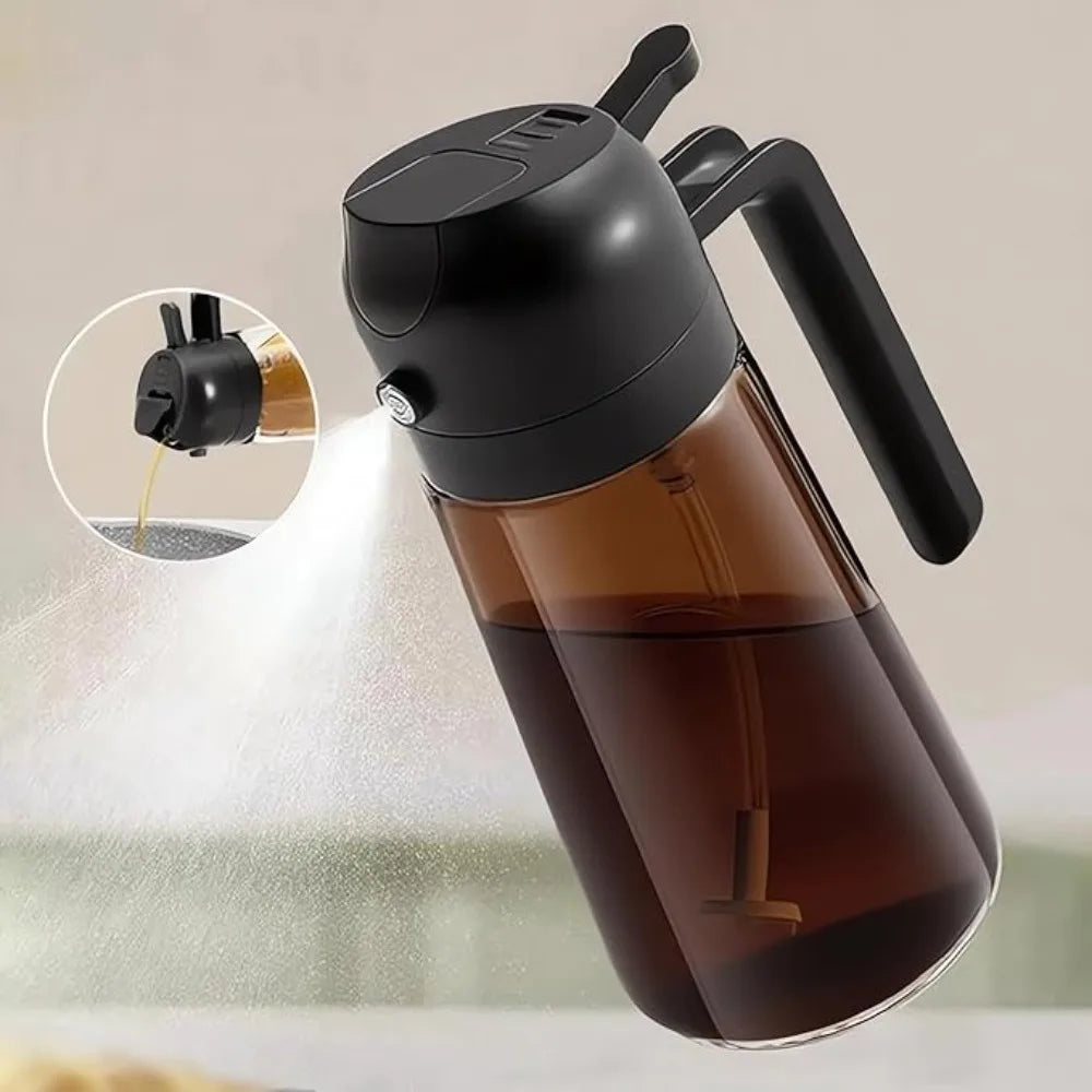 Vaporisateur d'huile en verre teinté, 470 ml Nesty, flacon vaporisateur d'huile ambré incliné avec vignette du bouchon verseur en train de couler