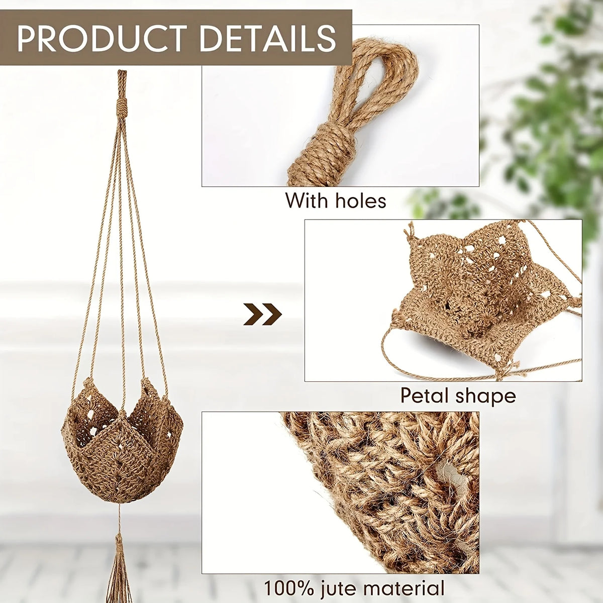 Suspension bohème en jute Nesty - Détails du tressage, noeuds, forme pétale et pompon en jute 100%