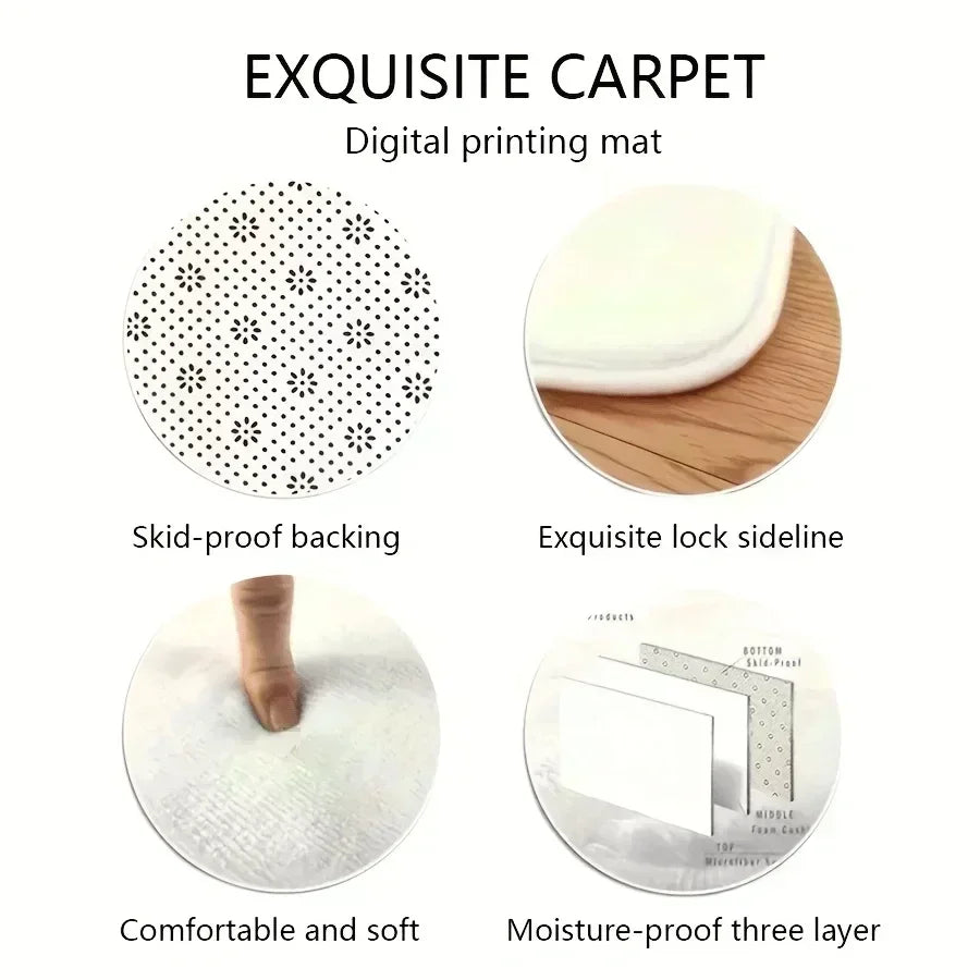 Tapis flanelle rond à motif géométrique noir et blanc, détails du dos antidérapant et de l'épaisseur, texte 'Exquisite Carpet' - Nesty