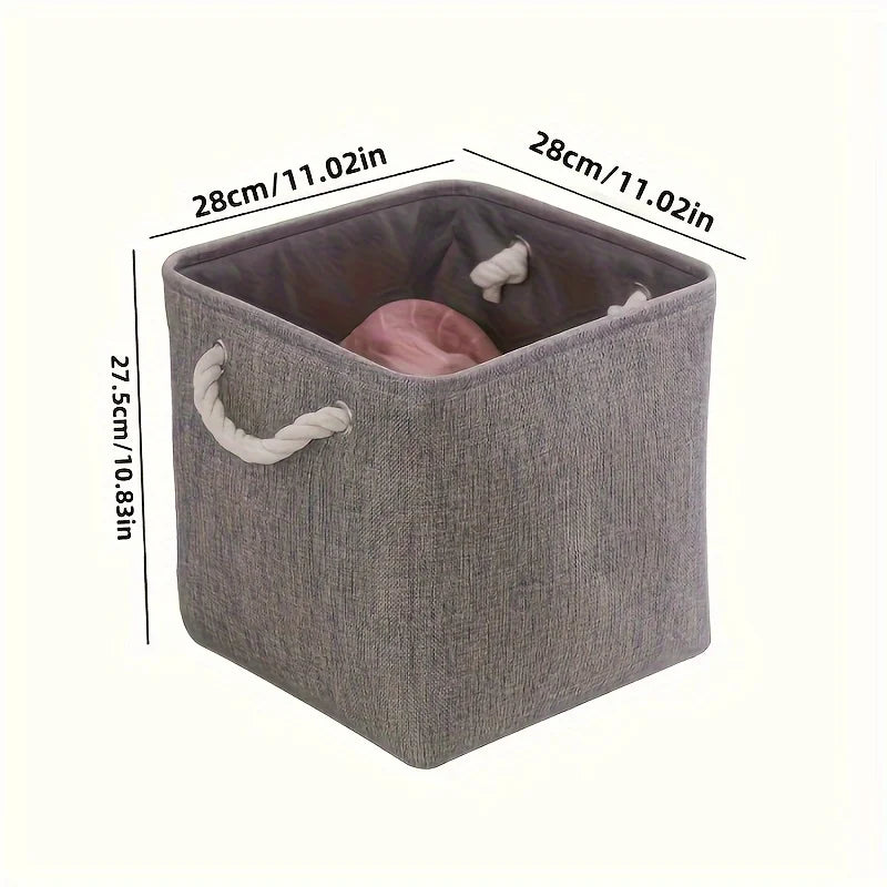 Boîte de rangement pliable en lin pour vêtements Nesty, boîte grise avec dimensions annotées 28 x 28 x 27,5 cm