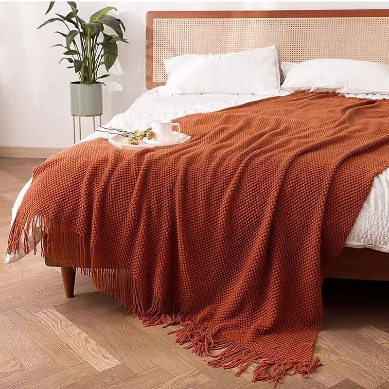 Plaid tricoté torsadé terracotta à franges (vue 5) - Nesty