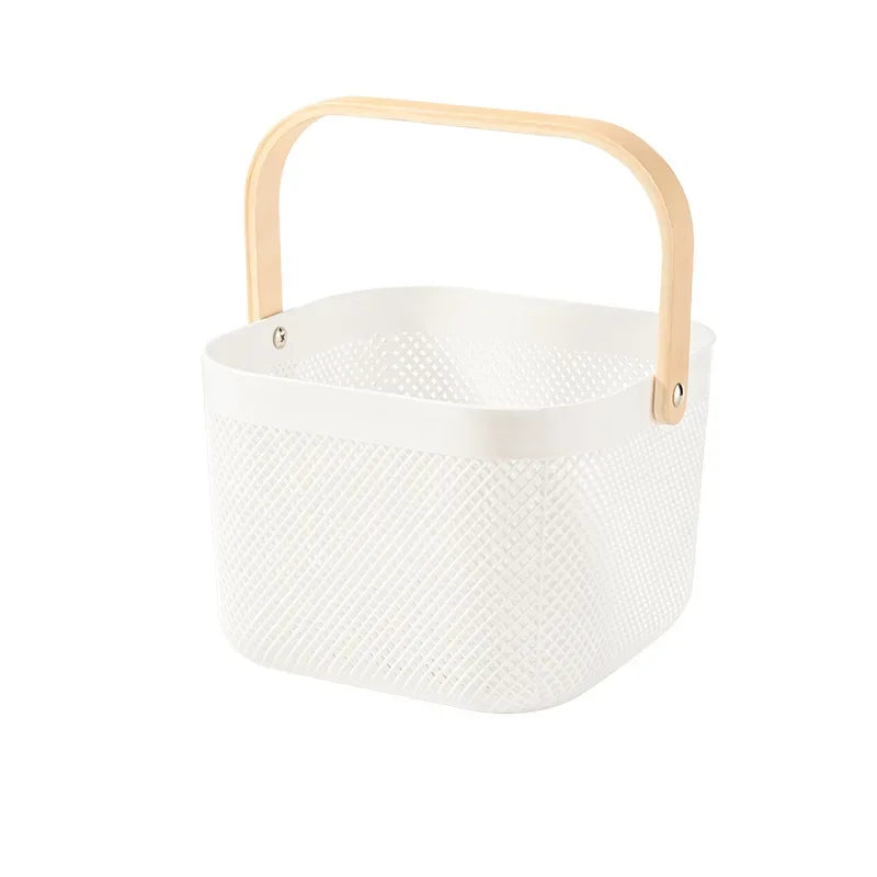 Panier de rangement ajouré en plastique avec poignée bois (vue 8) - Nesty