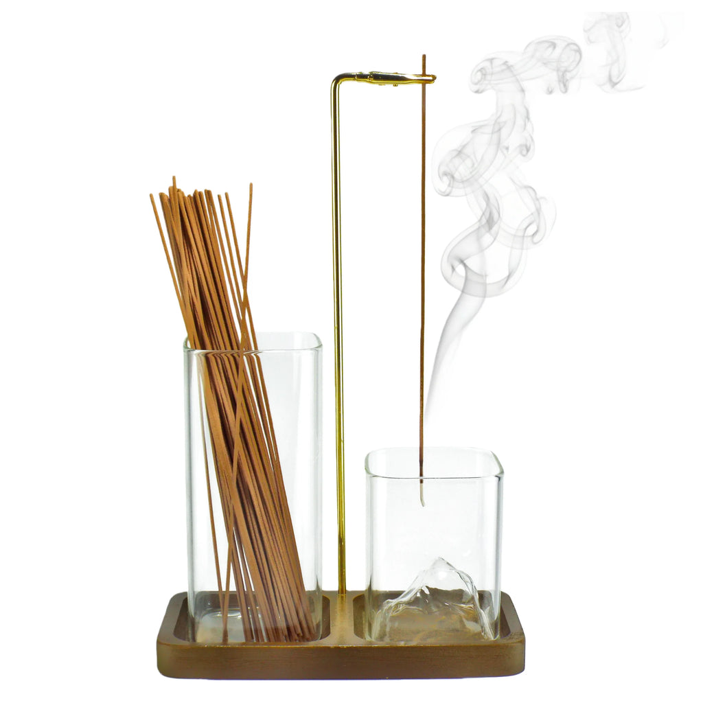 Porte-encens 2-en-1 Nesty - Support doré avec pince à encens et bâtonnets naturels, fumée visible