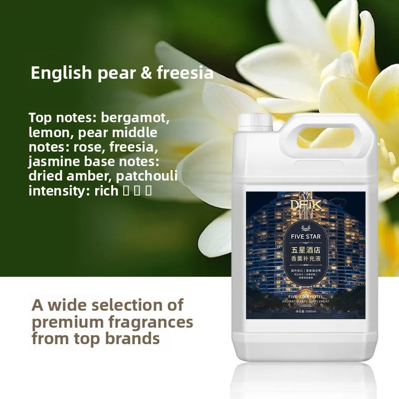 Recharge huile parfumée pour diffuseur Nesty - Bidon 5L sur fond floral, notes olfactives poire anglaise et freesia