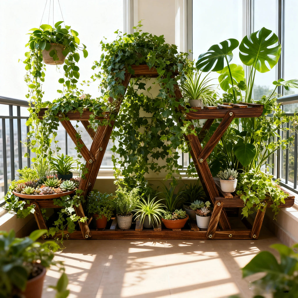 Étagère d'angle à plantes en bois à 6 niveaux Nesty, structure en bois en forme de A garnie de nombreuses plantes vertes suspendues et posées, sur un balcon ensoleillé