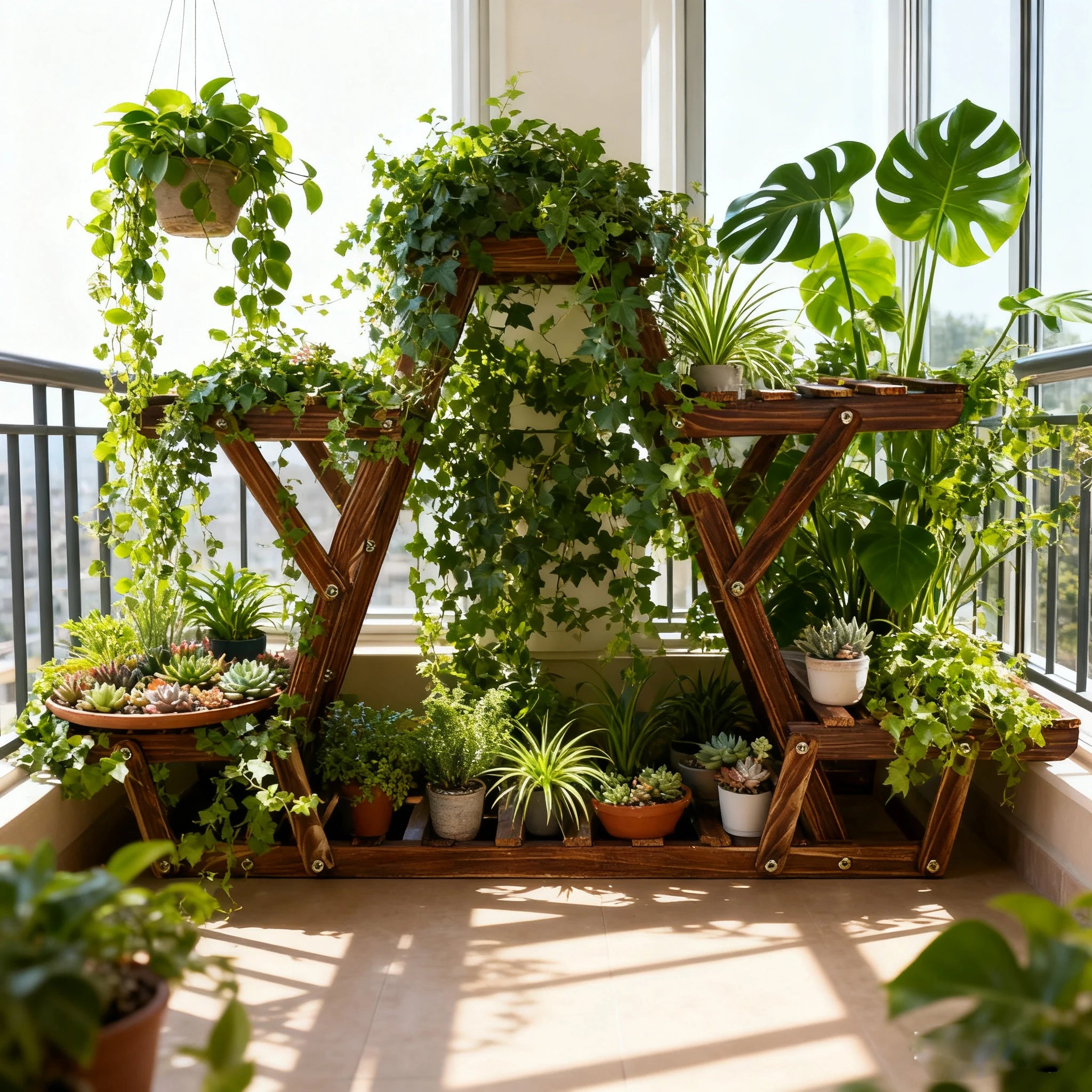 Étagère d'angle à plantes en bois à 6 niveaux Nesty, structure en bois en forme de A garnie de nombreuses plantes vertes suspendues et posées, sur un balcon ensoleillé