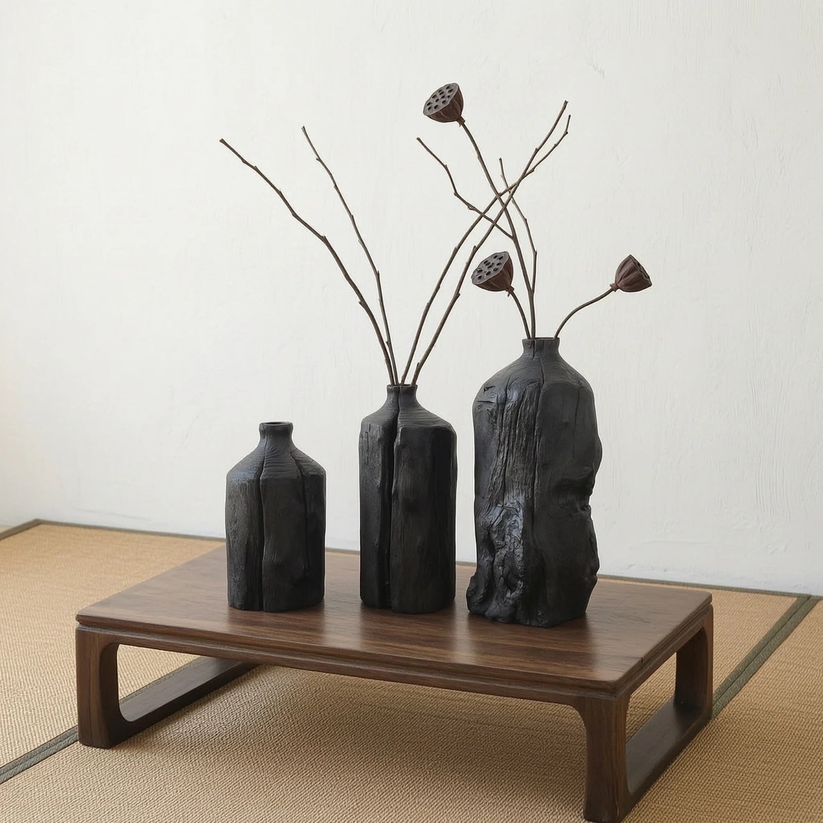 Trio de vases en bois sculpté, style wabi-sabi Nesty, trois tailles noires texturées garnies de brindilles et graines de lotus séchées, sur table basse avec tapis en jonc