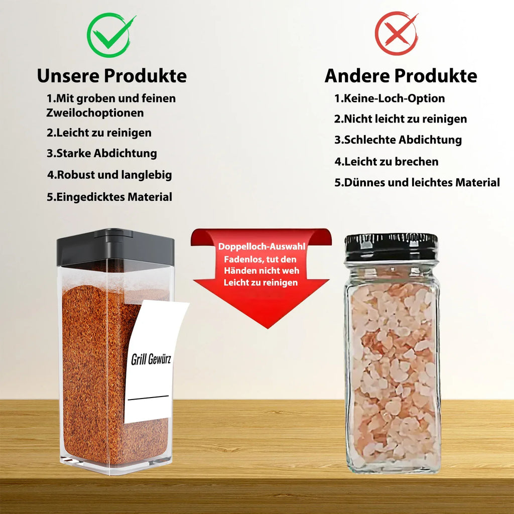 Set de bocaux à épices en verre avec étiquettes Nesty, comparatif "Unsere Produkte / Andere Produkte" en allemand : bocal carré à double trou avec étiquette "Grill Gewürz" contre bocal rond avec sel rose de l'Himalaya