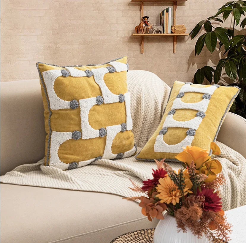 Housse de coussin bouclette Nesty - Broderie géométrique bohème