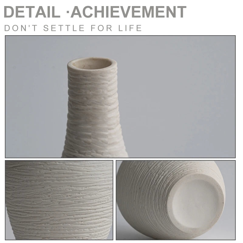 Vase en céramique à col étroit, style nordique sobre Nesty, gros plan sur le col étroit texturé et le fond d'un vase en céramique blanc cassé, texte "Detail Achievement, Don't Settle For Life"